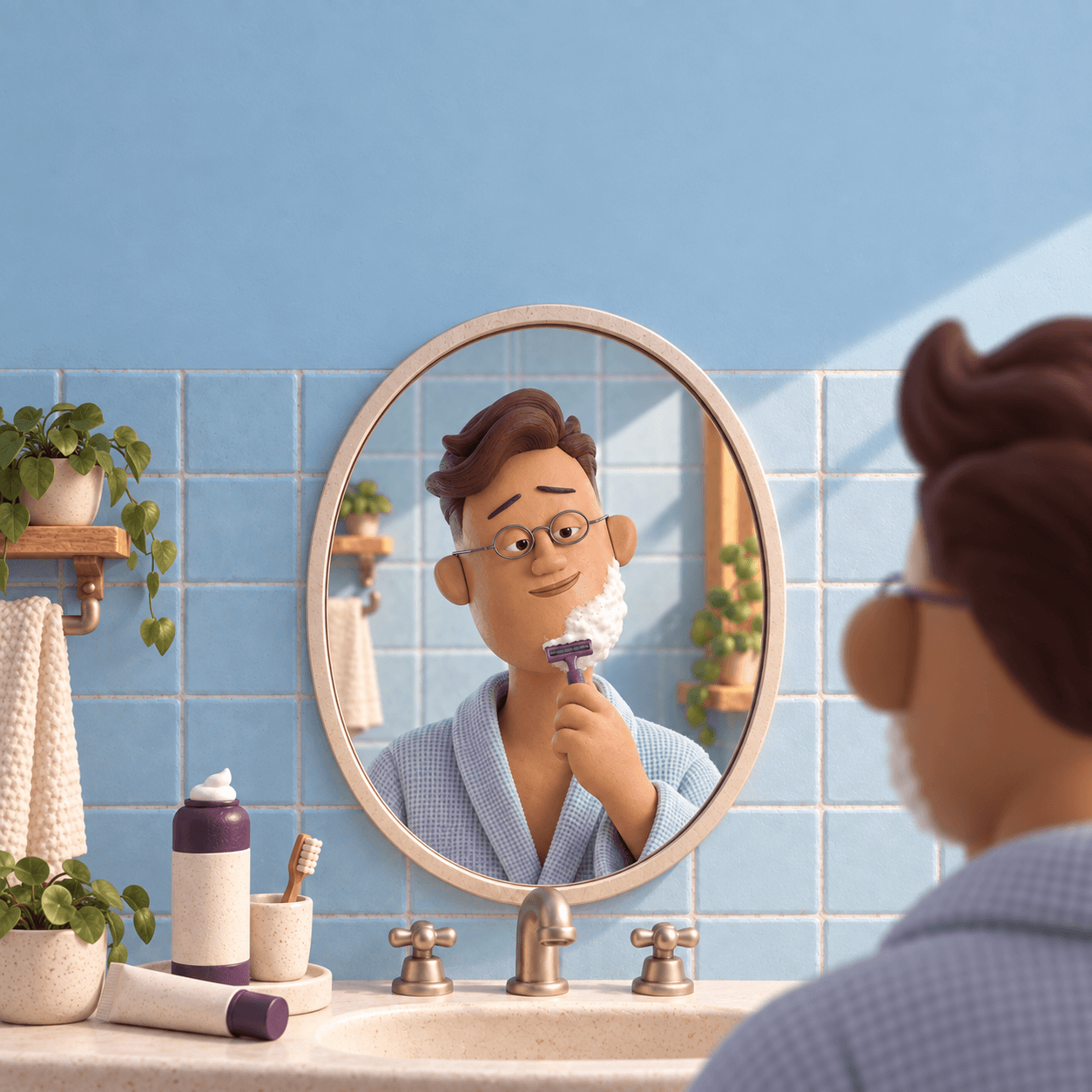 A bespectacled mascot shaving in a blue-tiled bathroom mirror